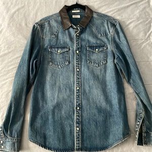All Saints denim light washed denim shirt with leather collar